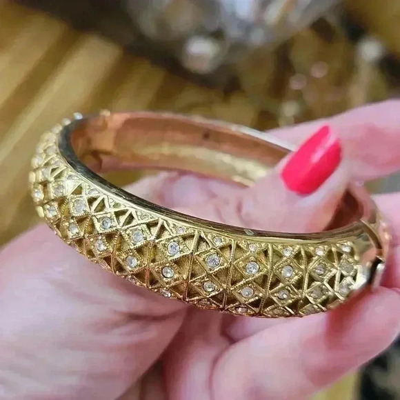 Goldtone Rhinestone Bangle Statement Bracelet - Picture 4 of 9